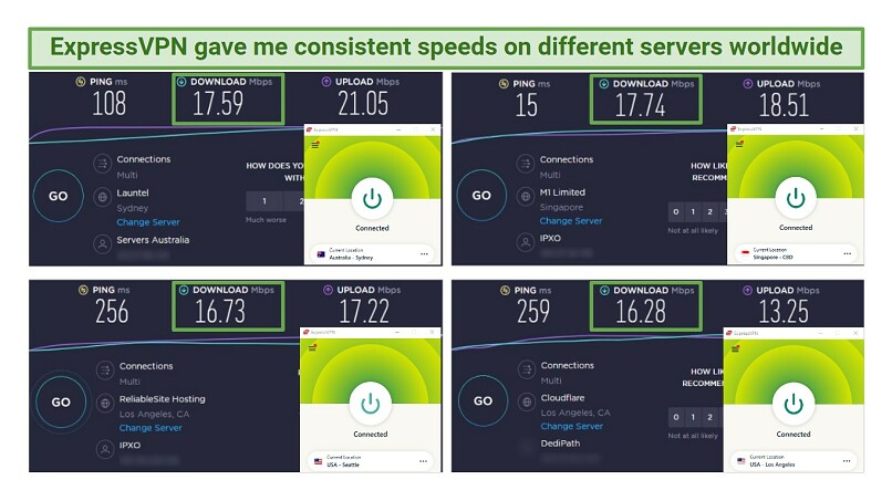 Screenshots of speed test results while connected to different ExpressVPN servers