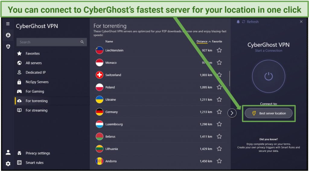 Screenshot of CyberGhost's torrenting-optimized server list on Windows