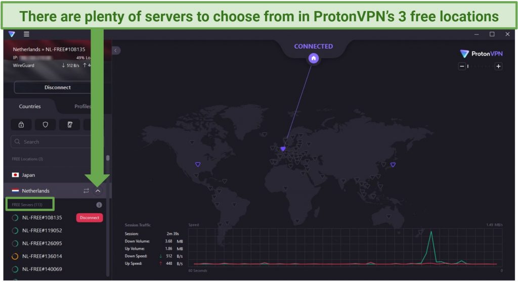 Screenshot of ProtonVPN's Windows interface showing its free servers