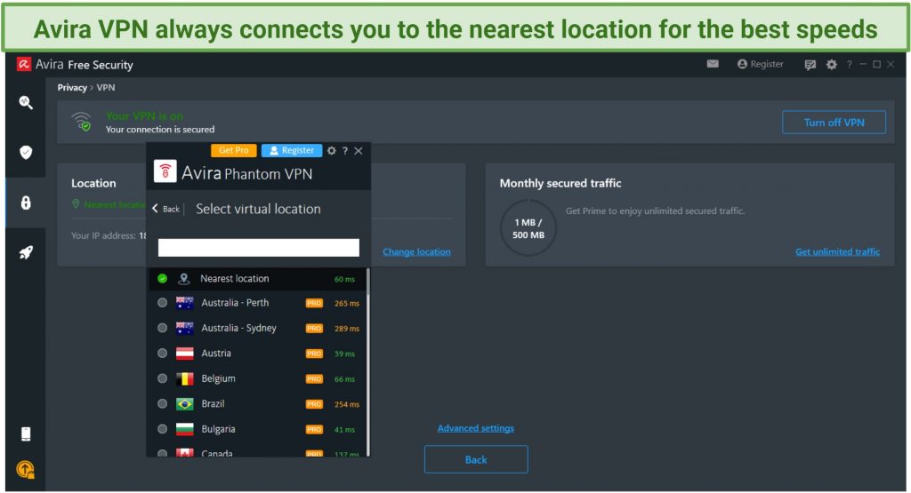 Screenshot of Avira Phantom VPN's free version for Windows