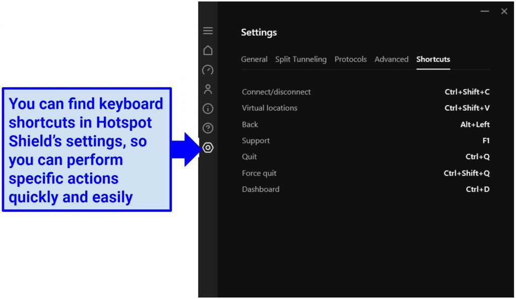 Screenshot of Hotspot Shield's keyboard shortcuts in the Windows app