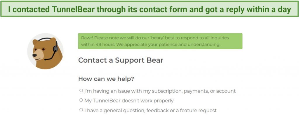 Screenshot of TunnelBear's support form on its website