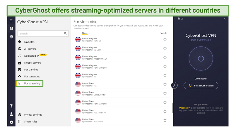 A screenshot of CyberGhost's Windows app displaying the VPN's list of streaming-optimized servers