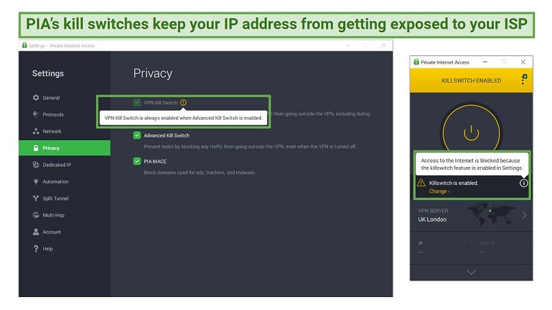 Screenshots of PIA's Windows app showcasing the 2 kill switches it offers