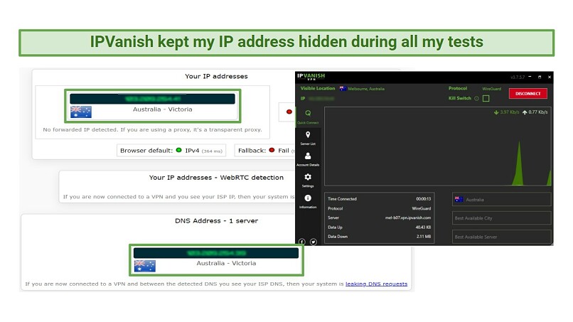 A screenshot of the IP leak test results while connected to one of IPVanish's Australian servers