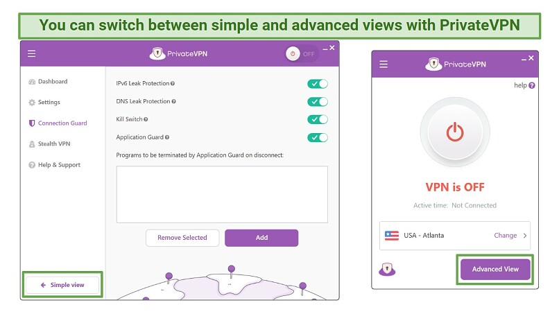 Screenshot of PrivateVPN's app showing the simple and advanced views