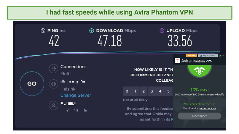Screenshot of speeds test with Avira Phantom VPN