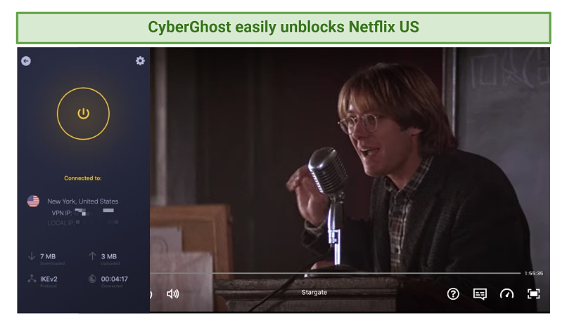 Screenshot of CyberGhost unblocking Netflix US