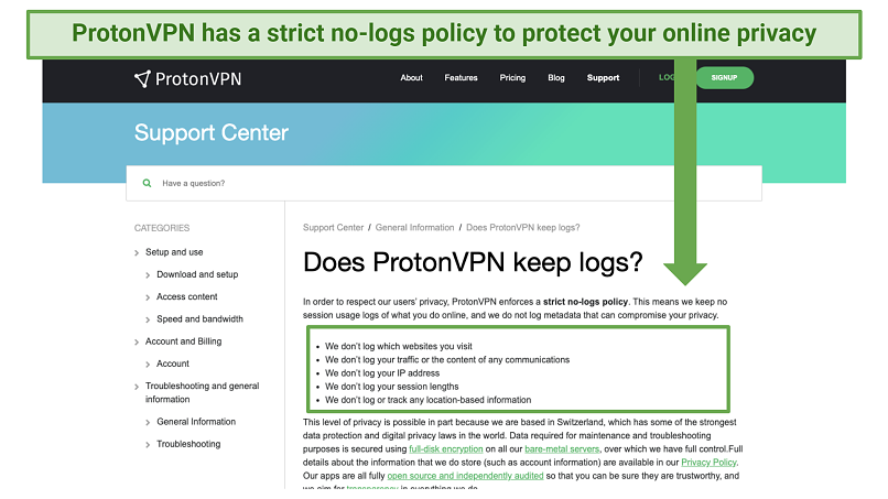 Screenshot of ProtonVPN's logging policy
