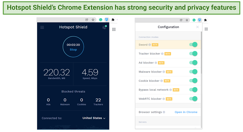 Screenshot showing the interface and features of the Hotspot Shield's Chrome extension