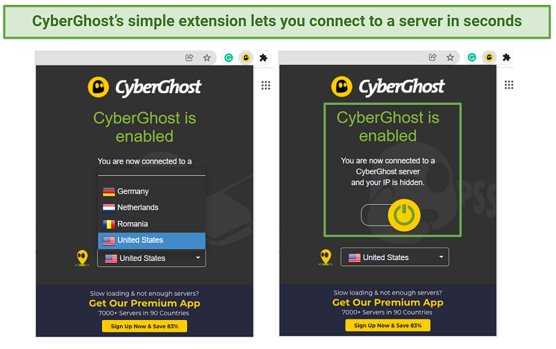 Screenshot of CyberGhost's free Chrome extension highlighting its simple design