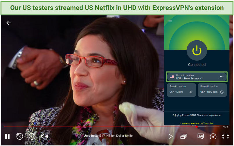 A screenshot showing Ugly Betty playing on Netflix US while connected to ExpressVPN's New Jersey server