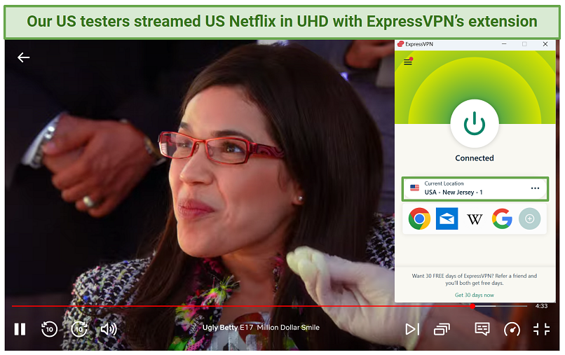A screenshot showing Ugly Betty playing on Netflix US while connected to ExpressVPN's New Jesrsey server