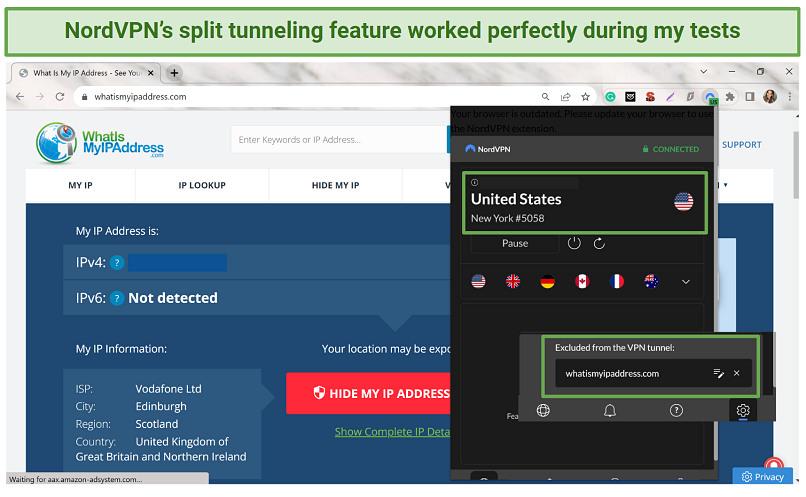 Screenshot of NordVPN's Chrome extension's split tunneling feature working on whatsmyipaddresscom