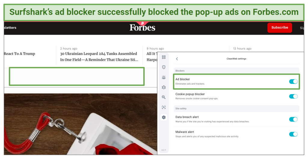 A screenshot showing Surfshark's Chrome extension ad blocker blocking pop-up ads on Forbes