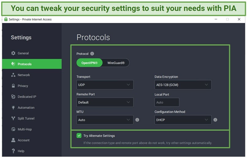 A screenshot of PIA's Windows app showing its protocol settings that can be customized