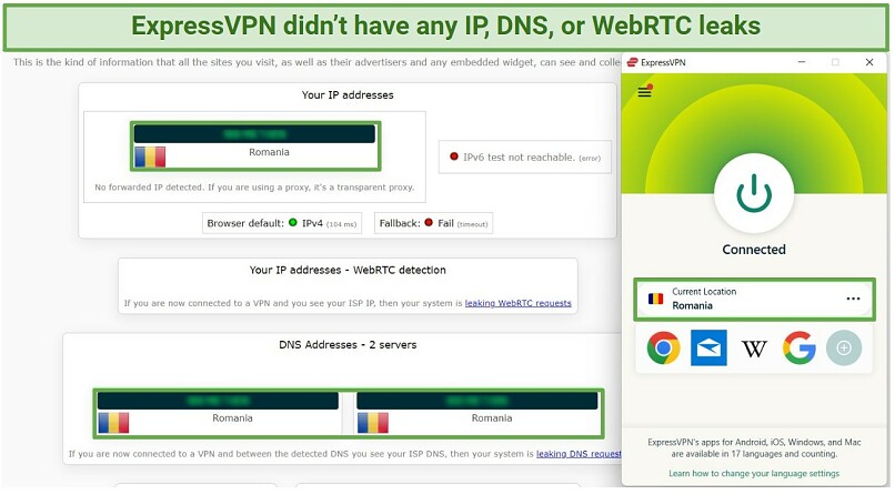 A screenshot of ExpressVPN's server in Romania passing the IP, DNS, and WebRTC leak test