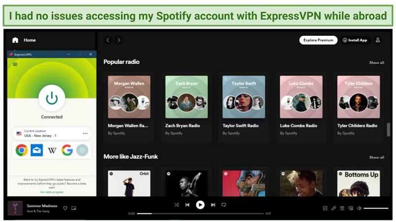 Screenshot of Spotify's home page with ExpressVPN connected to the US New Jersey server
