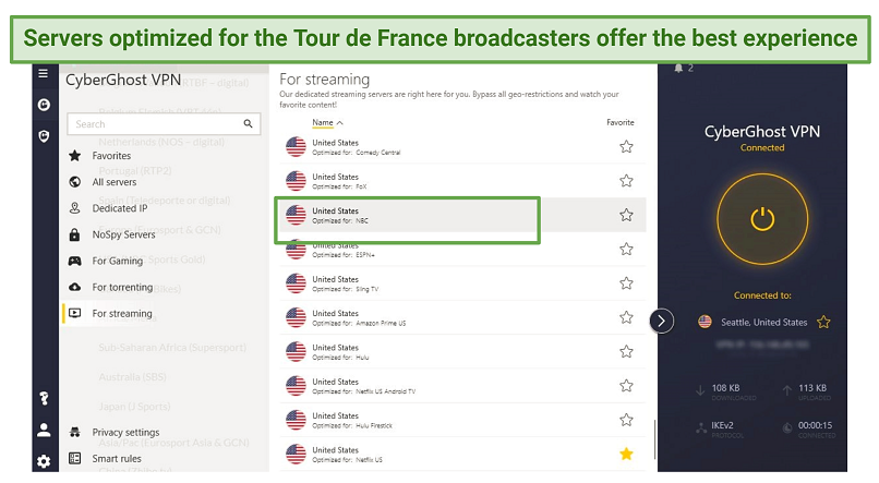 A screenshot showing CyberGhost has optimized servers for the Tour de France broadcasters.