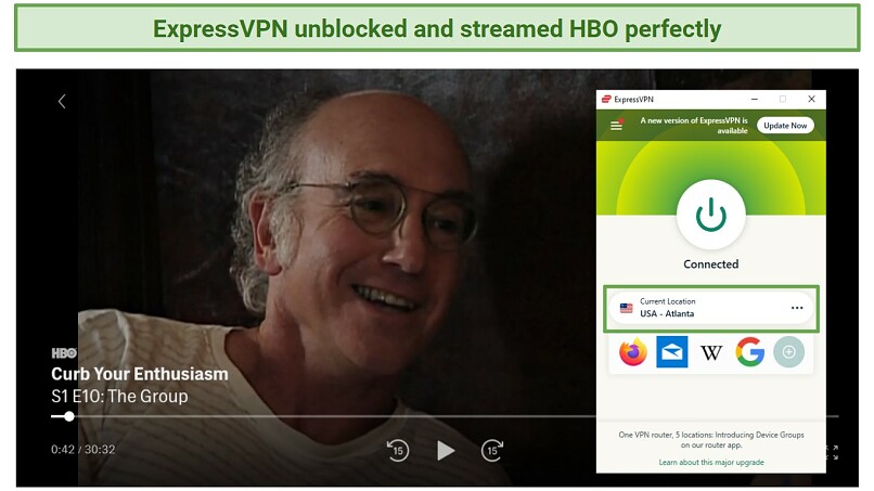 Screenshot showing ExpressVPN unblocking and streaming HBO