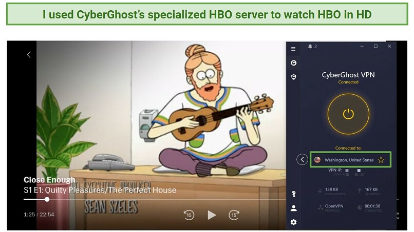 Screenshot of CYberGhost unblocking and streaming HBO