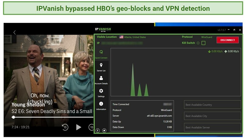 Screenshot of IPVanish unblocking and streaming HBO