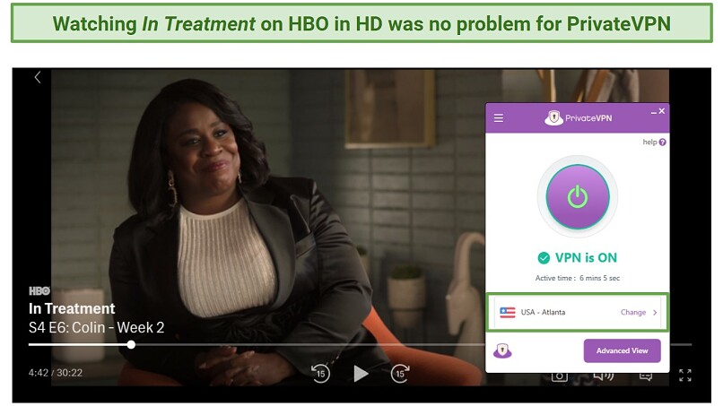 Screenshot of PrivateVPN unblocking and streaming HBO