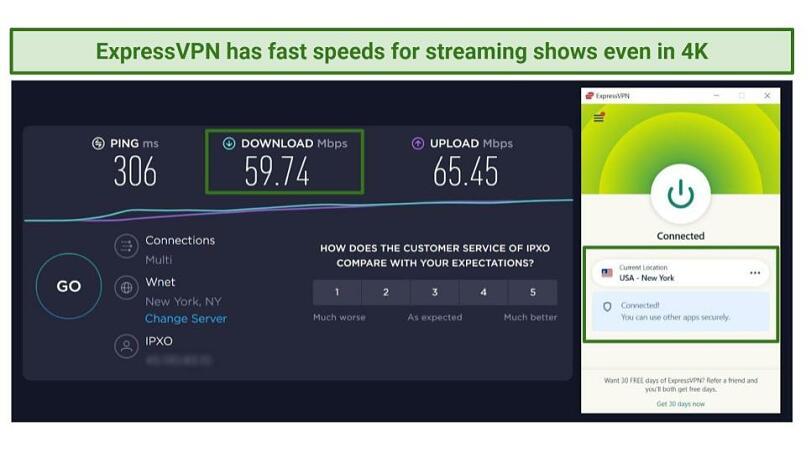 Screenshot of ExpressVPN speed tests
