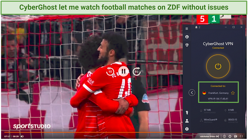 A screenshot showing you can use CyberGhost to access ZDF and watch the FIFA World Cup final in great quality