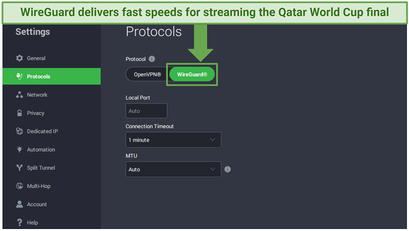 A screenshot showing you can use PIA's WireGuard protocol to improve your streaming experience when watching the 2022 World Cup Final
