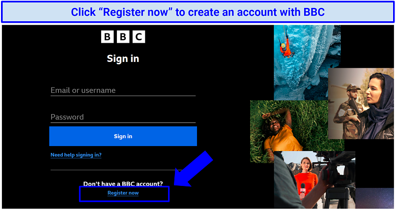 A screenshot showing BBC's sign-in/sign-up page