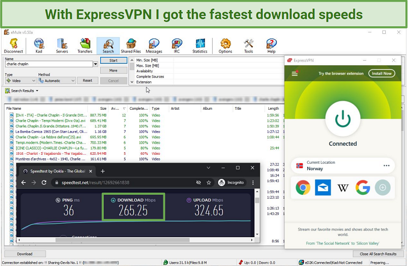 Screenshot of testing ExpressVPN download speeds with eMule