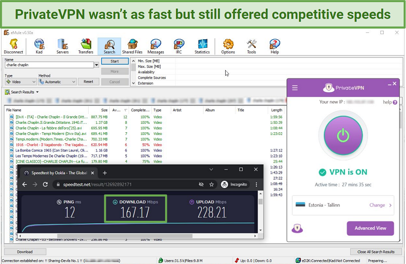 Screenshot of testing PrivateVPN download speeds with eMule