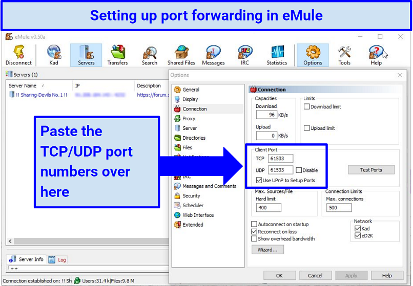 Graphic of UDP and TCP port forwarding settings in eMule Options