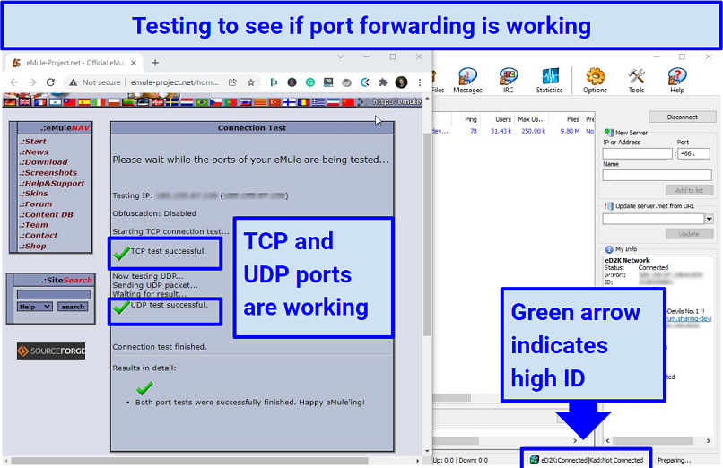 Graphic of testing whether TCP and UDP port forwarding is working on eMule