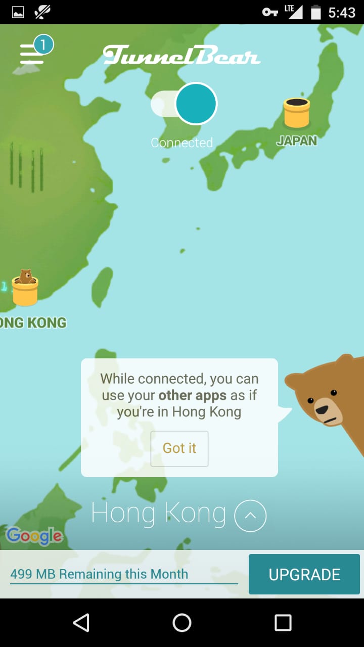 screenshot of TunnelBear Successful connection status