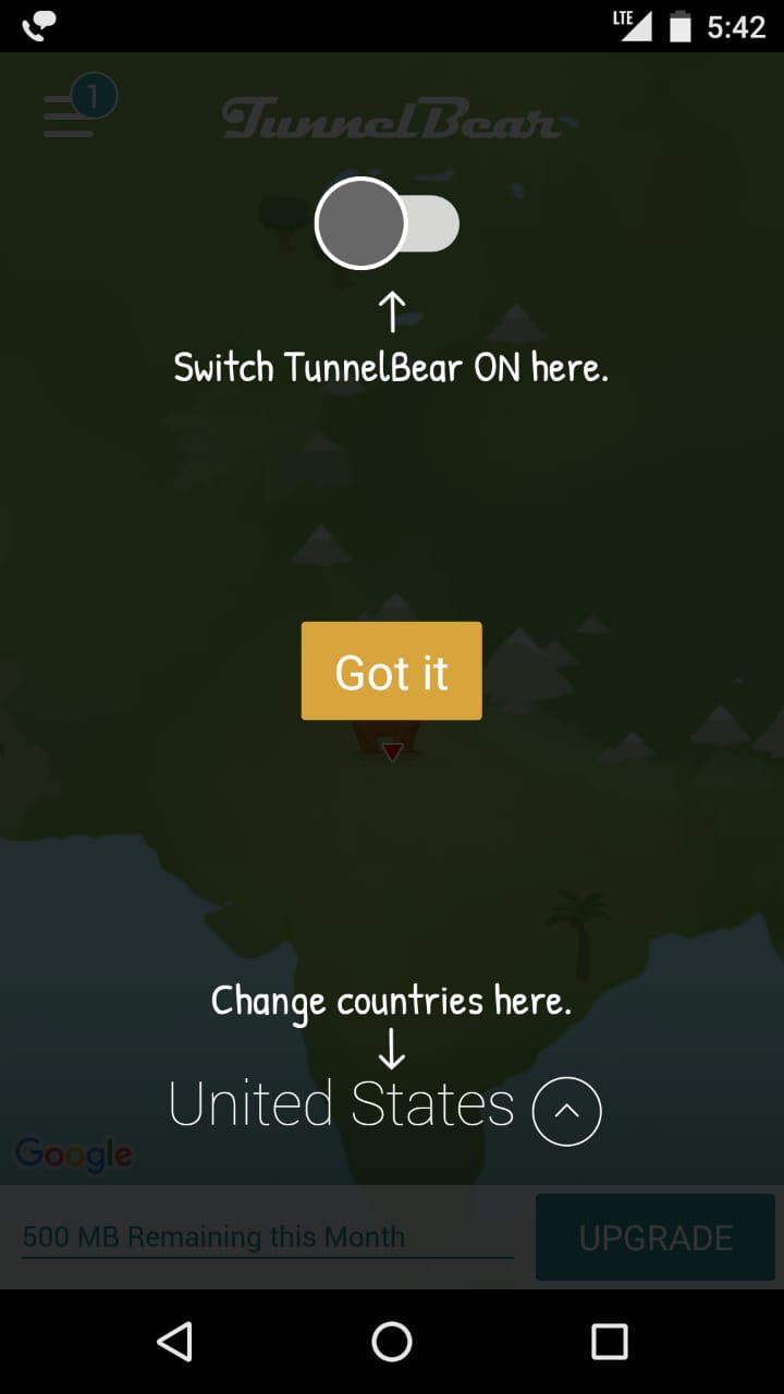 screenshot of mobile TunnelBear UI