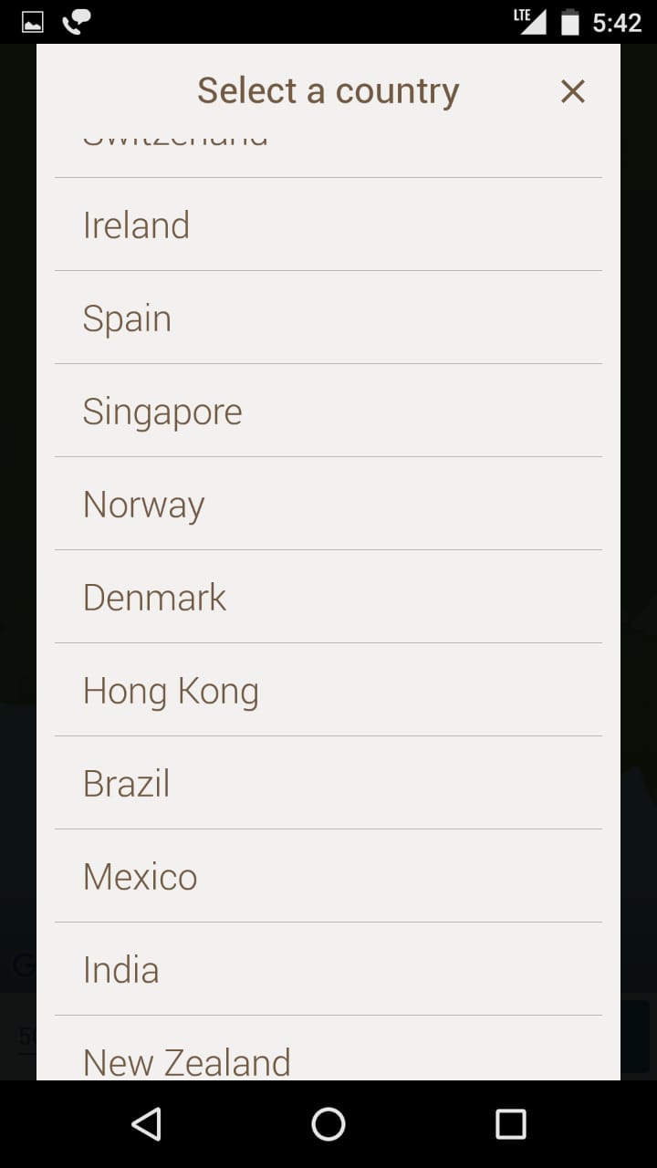 screenshot of TunnelBear's app — Available countries