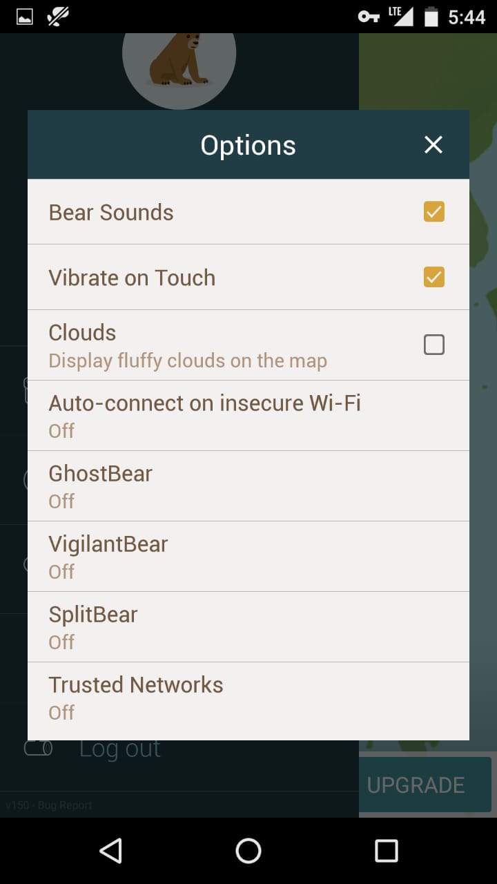 screenshot of TunnelBear's app Options