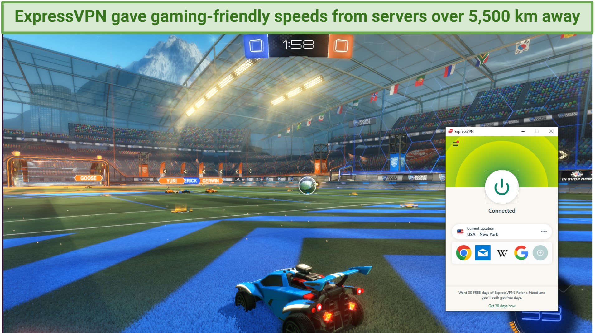 Screenshot showing the ExpressVPN app connected to a server in New York over an online game playing on a web browser