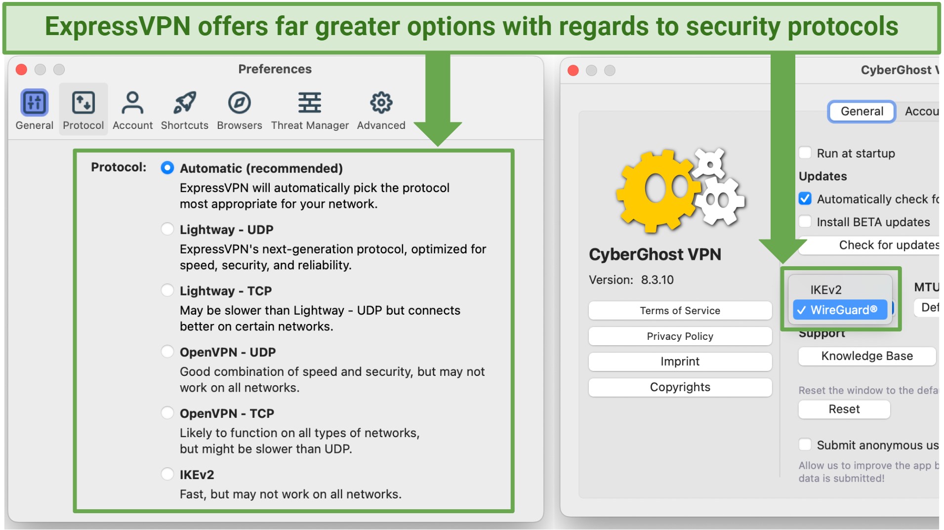 Screenshot showing the ExpressVPN and CyberGhost protocol options