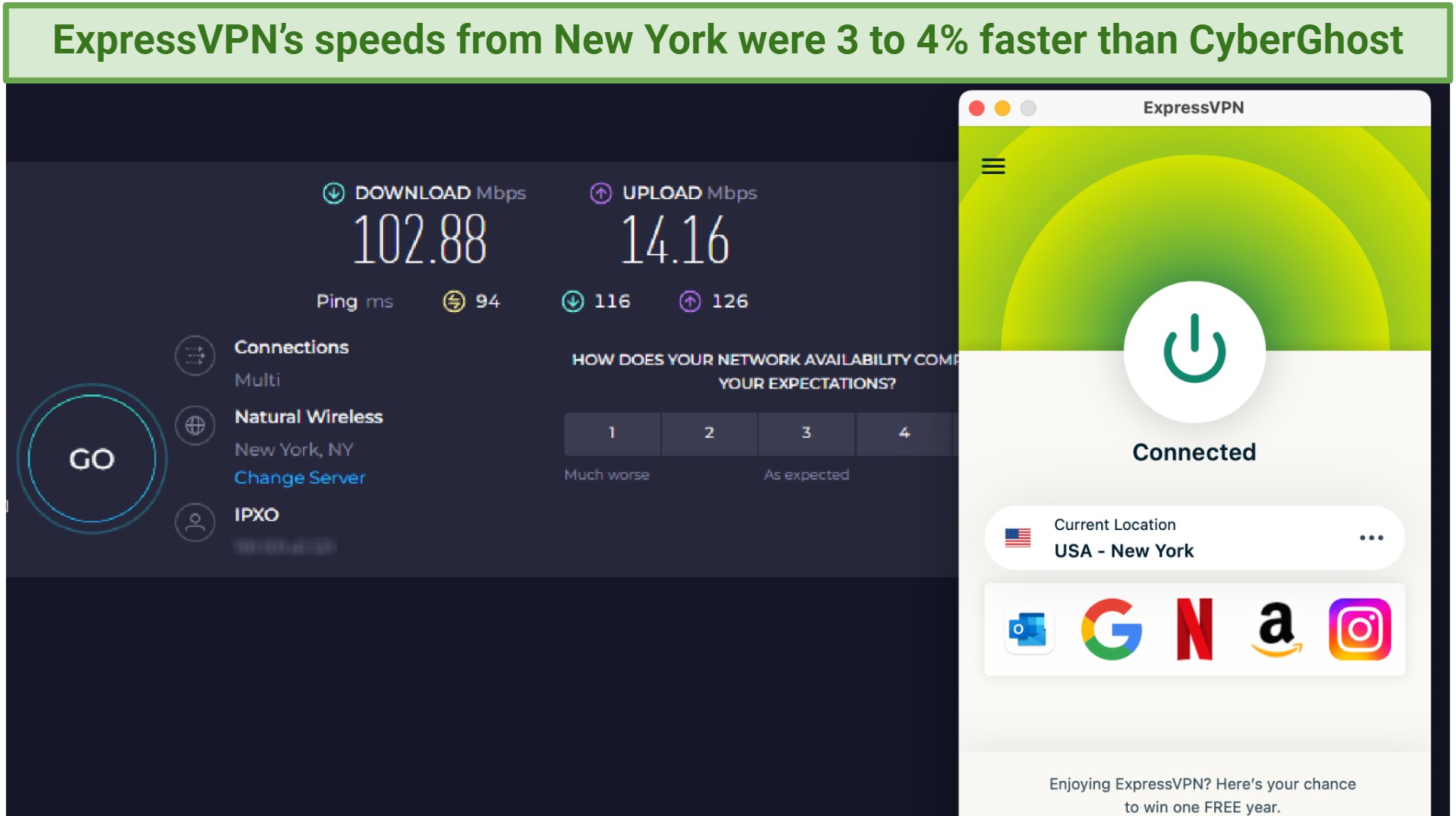Screenshot showing the ExpressVPN app connected to a server in New York over an online speed test