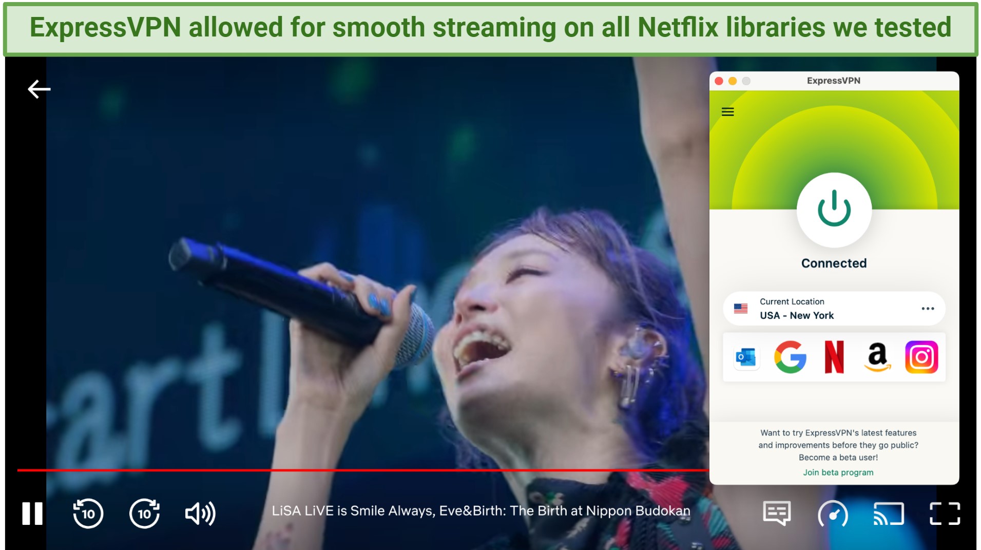 Screenshot showing the ExpressVPN app connected to a server in New York over a browser streaming Netflix US
