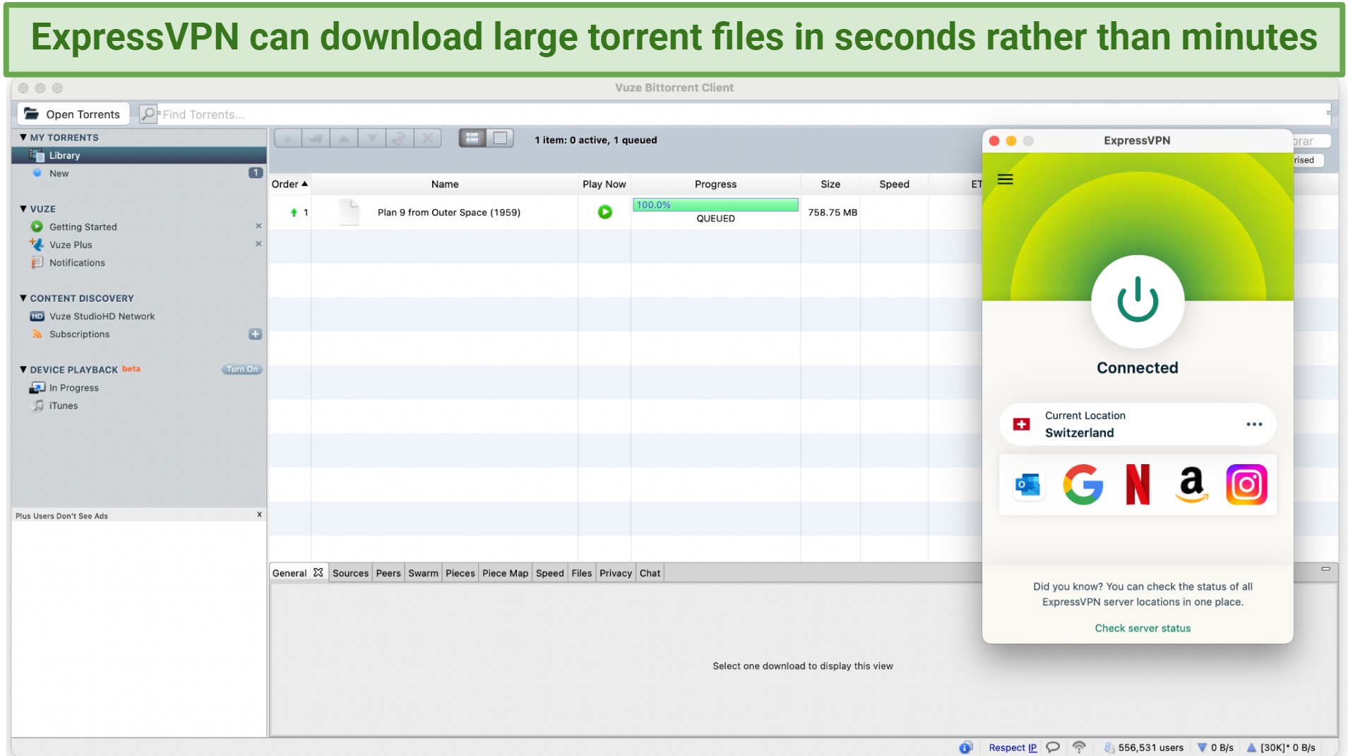 Screenshot showing the ExpressVPN app connected to a server in Switzerland over Vuze torrent downloading client