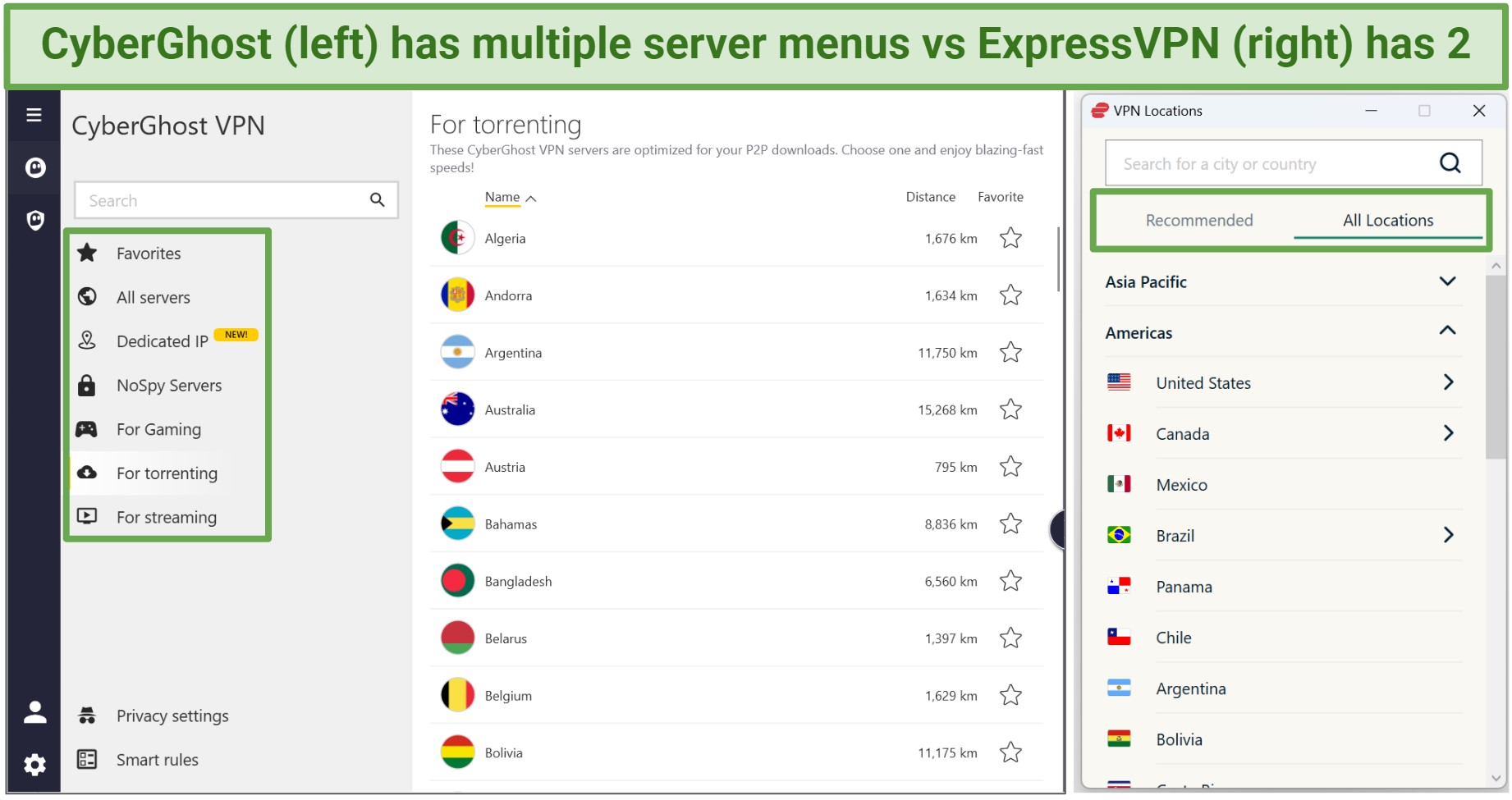 Side-by-side screenshots of CyberGhost and ExpressVPN's server menus on their Windows apps