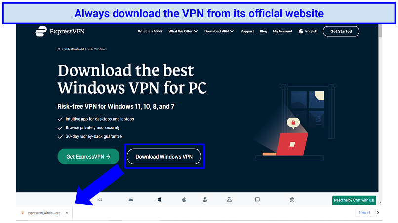 Screenshot showing how to download ExpressVPN for Windows