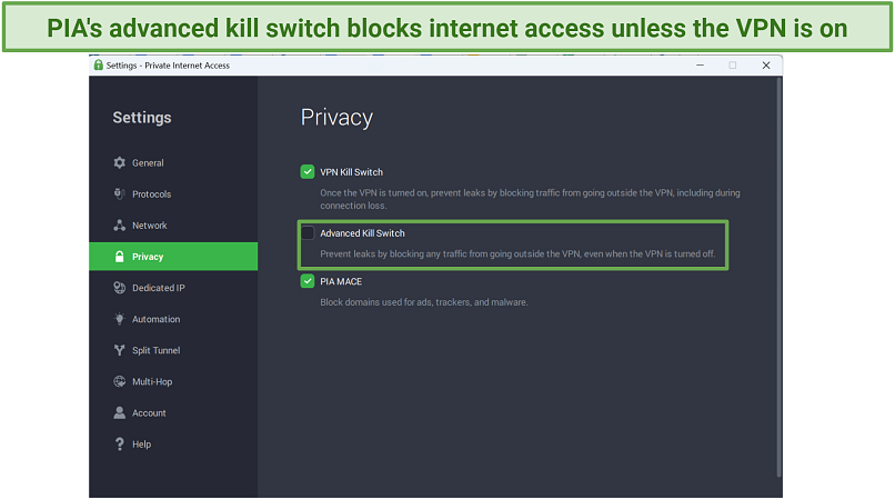 Screenshot of PIA&rsquo;s interface and privacy setting to switch the kill switch on