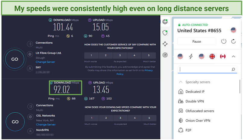 A screenshot of NordVPN&rsquo;s speeds test results using its US server