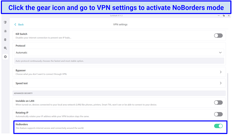 screenshot of SurfShark&rsquo;s app showing what you can activate under the VPN settings to improve privacy in Mexico