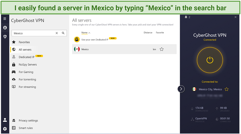 A screenshot showing CyberGhost connected to a server in Mexico
